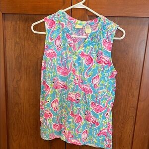 Caribbean Joe Pink and Blue Flamingo Tropical Top Petite Large